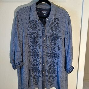 JOHNNY WAS Workshop gauze-y swing top with embroidery front and back. EUC XL